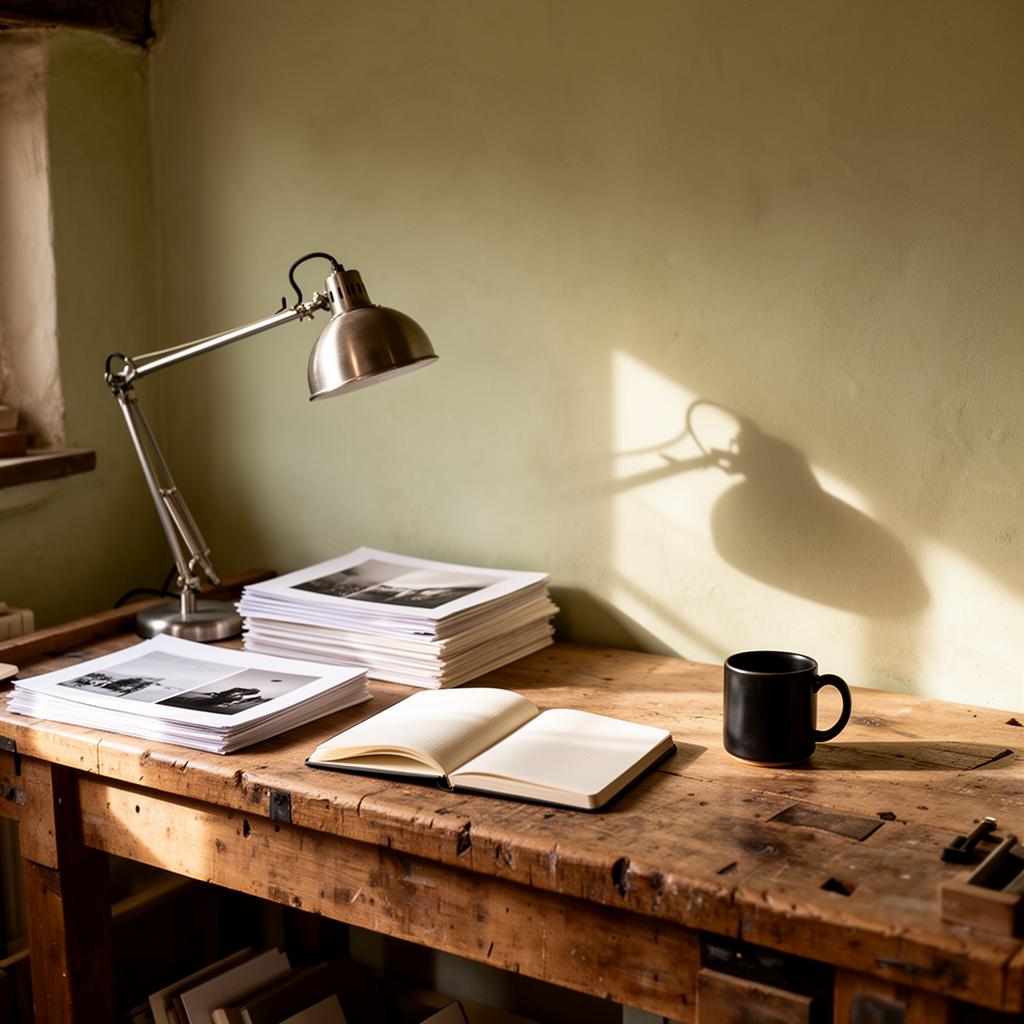 A worn oak workbench in a Peak District studio with proofs, an anglepoise lamp and an open notebook lit by morning light